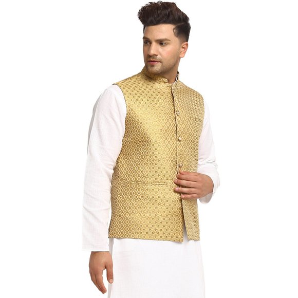 Sleeveless Traditional Brocade Silk Fabric Golden Nehru Jacket by Treemoda - Picture 2 of 5
